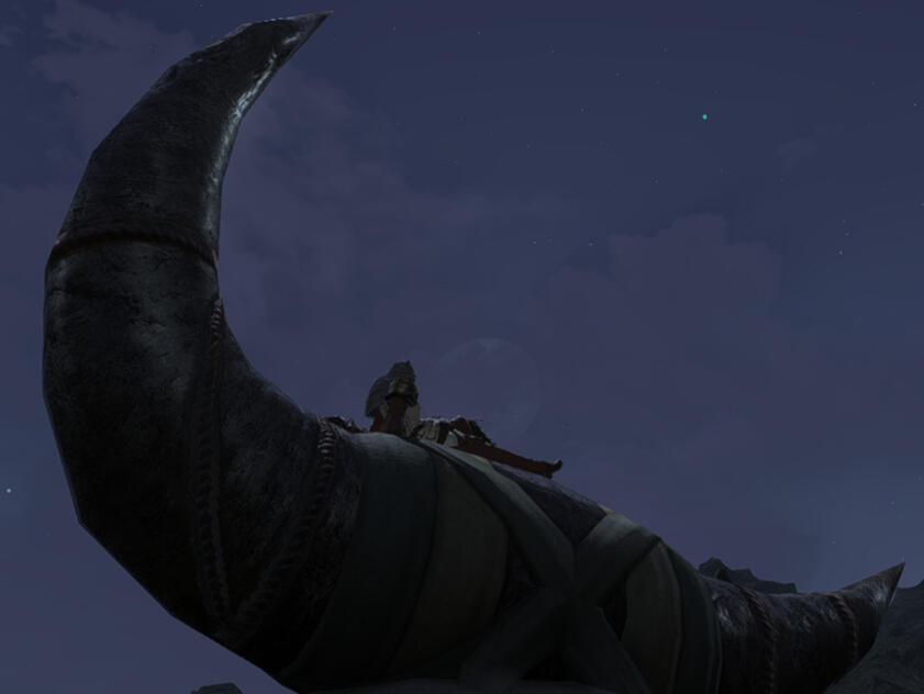 Oxomoon A xbr'aal woman on a thing that looks like a horn of some sort, with the moon in the background.